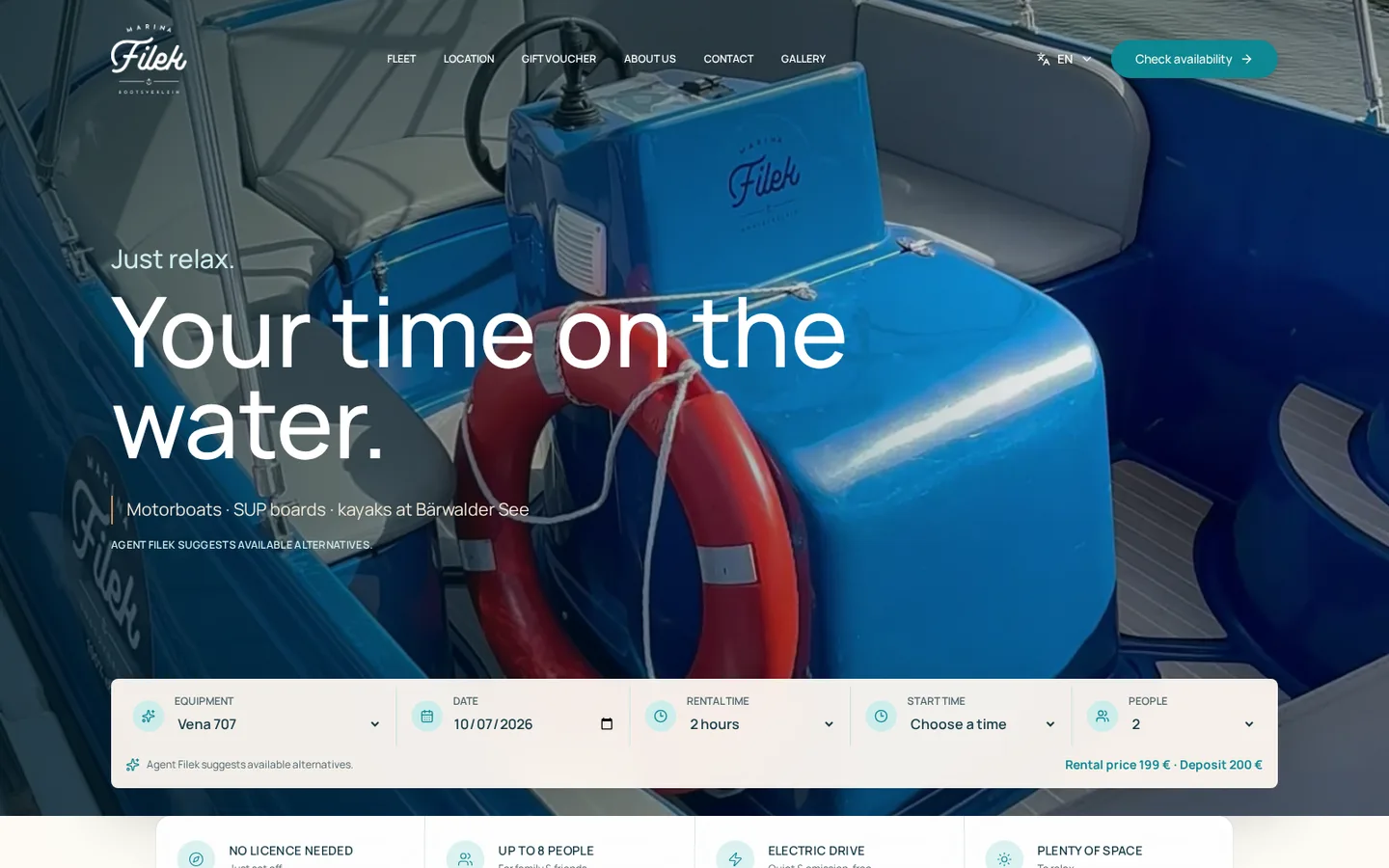 Home page with booking bar: boat, date, rental time, start time and people