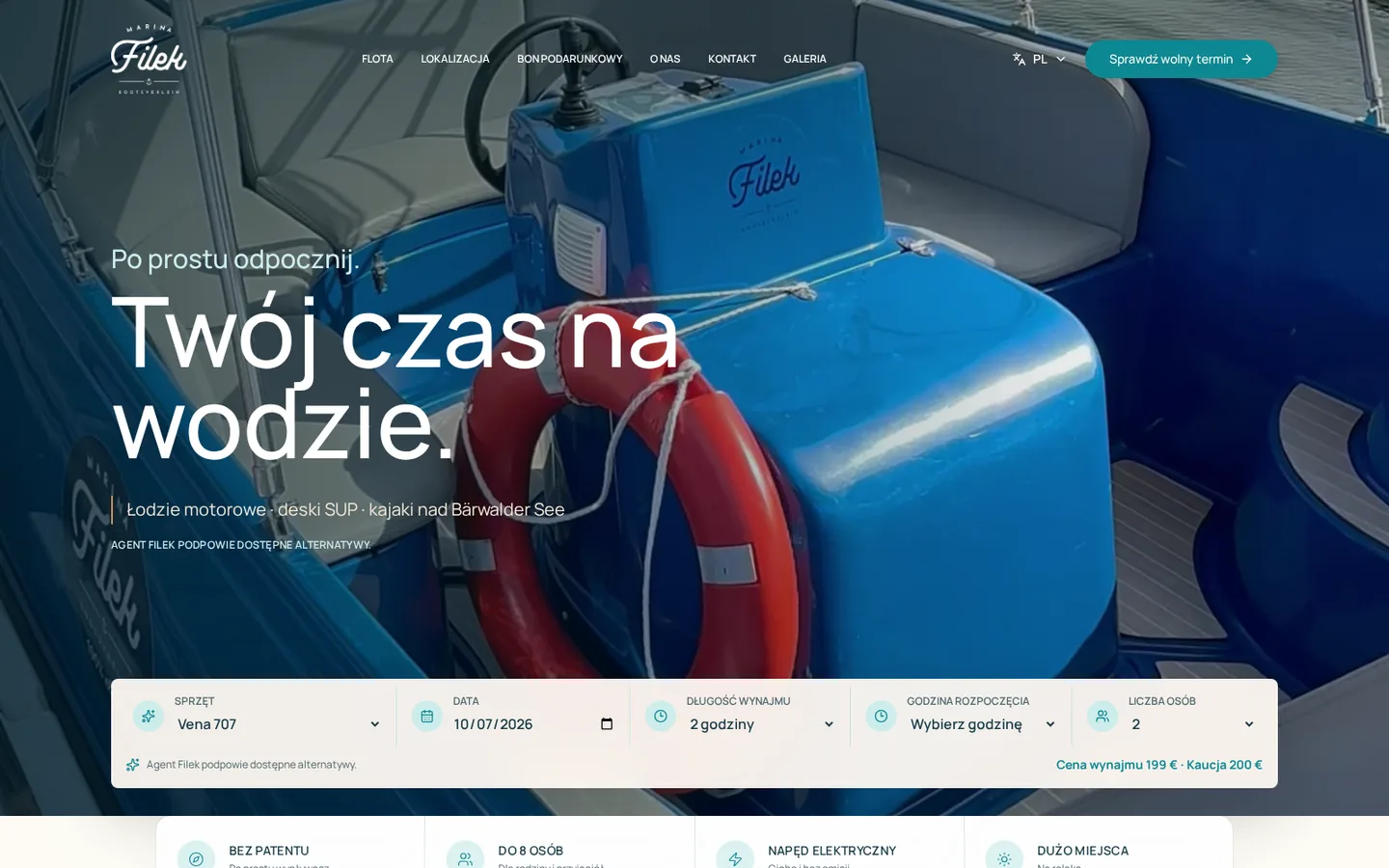 Strona główna z paskiem rezerwacji: łódź, data, czas wynajmu, godzina startu i liczba osób
