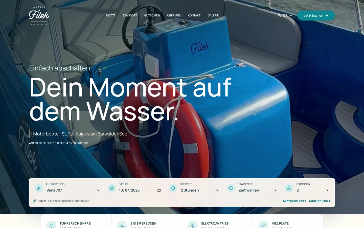 Startseite mit Buchungsleiste: Boot, Datum, Mietzeit, Startzeit und Personen